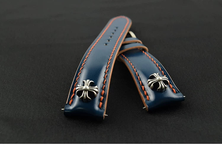 Handcrafted Vegetable-dyed Navy Blue Shell Cordovan Leather Watch Strap with Solid 925 Sterling Silver Hardware