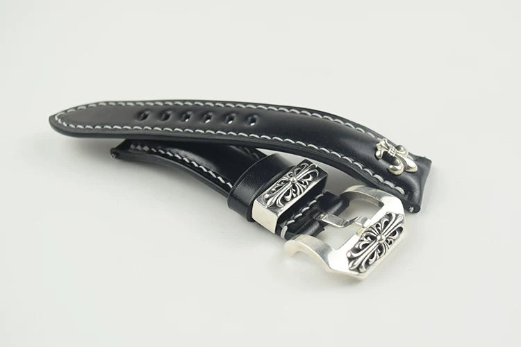 Handcrafted Oil Aniline Dyed Black Shell Cordovan Leather Watch Strap with Solid 925 Sterling Silver Hardware