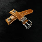 Handcrafted Oil Aniline Dyed Amber Shell Cordovan Leather Watch Strap with Solid 925 Sterling Silver Hardware, Floating Keeper Included