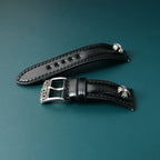 Handcrafted Oil Aniline Dyed Black Shell Cordovan Leather Watch Strap with Solid 925 Sterling Silver Buckle and Cross Rivets