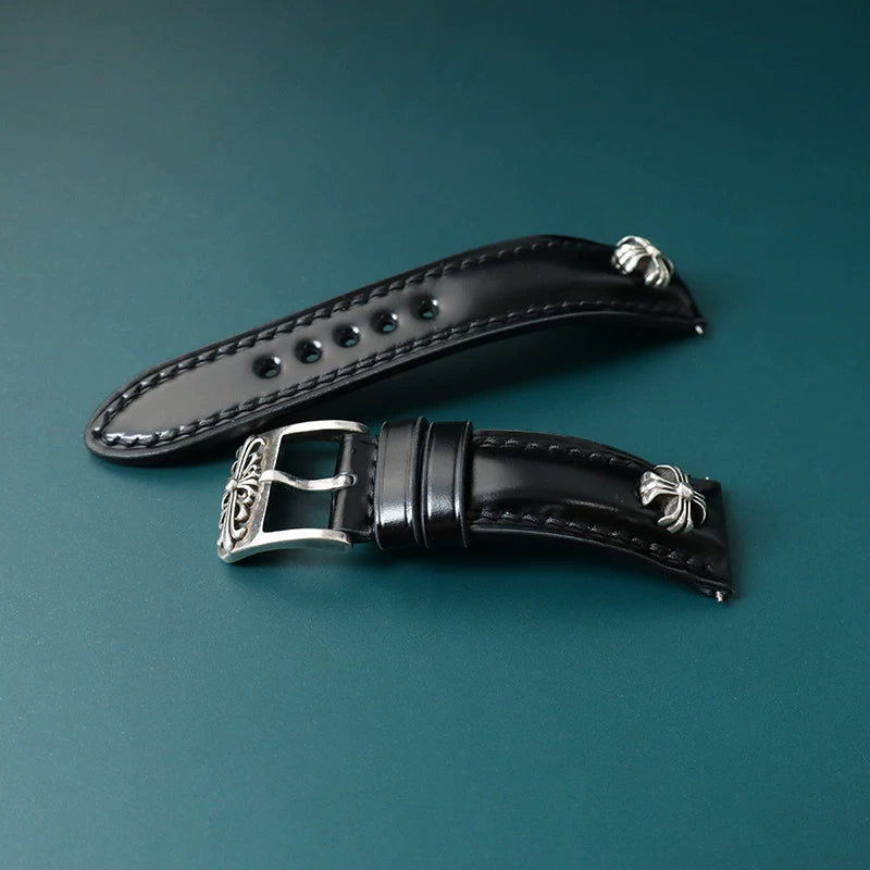 Handcrafted Oil Aniline Dyed Black Shell Cordovan Leather Watch Strap with Solid 925 Sterling Silver Buckle and Cross Rivets