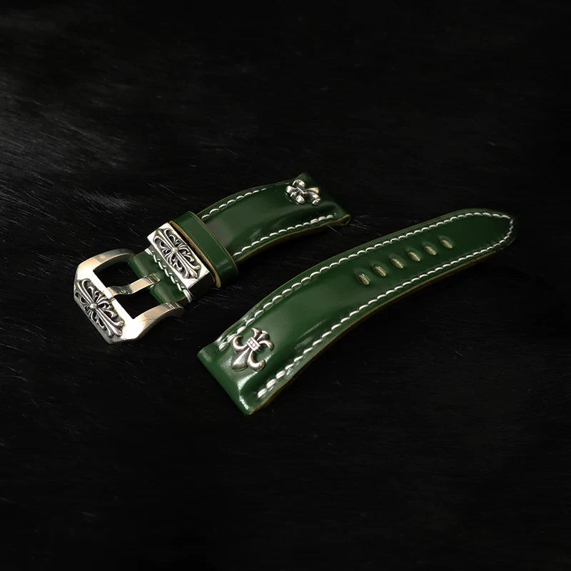 Handcrafted Oil Aniline Dyed Green Shell Cordovan Leather Watch Strap with Solid 925 Sterling Silver Hardware