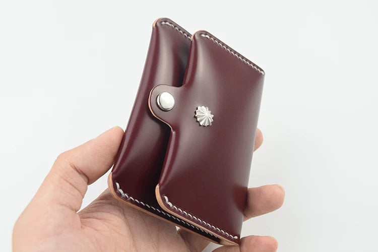 Handcrafted Oil Aniline Dyed Burgundy Shell Cordovan Leather Cardholder