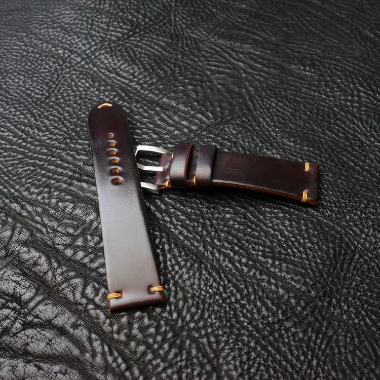 Handcrafted Burgundy Horween Shell Cordovan Watch Strap with Vintage Rope Stitching