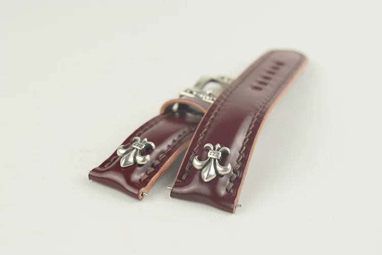 Handcrafted Oil Aniline Dyed Burgundy Shell Cordovan Leather Watch Strap with Solid 925 Sterling Silver Hardware