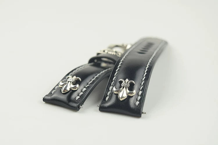 Handcrafted Oil Aniline Dyed Black Shell Cordovan Leather Watch Strap with Solid 925 Sterling Silver Hardware
