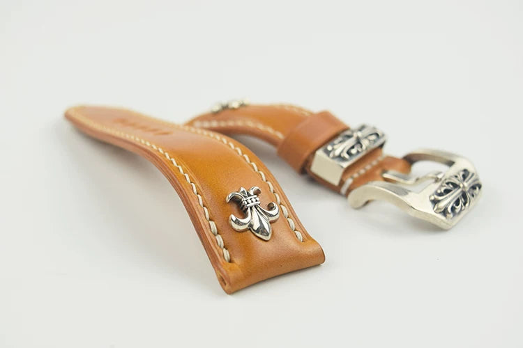 Handcrafted Oil Aniline Dyed Amber Shell Cordovan Leather Watch Strap with Solid 925 Sterling Silver Hardware