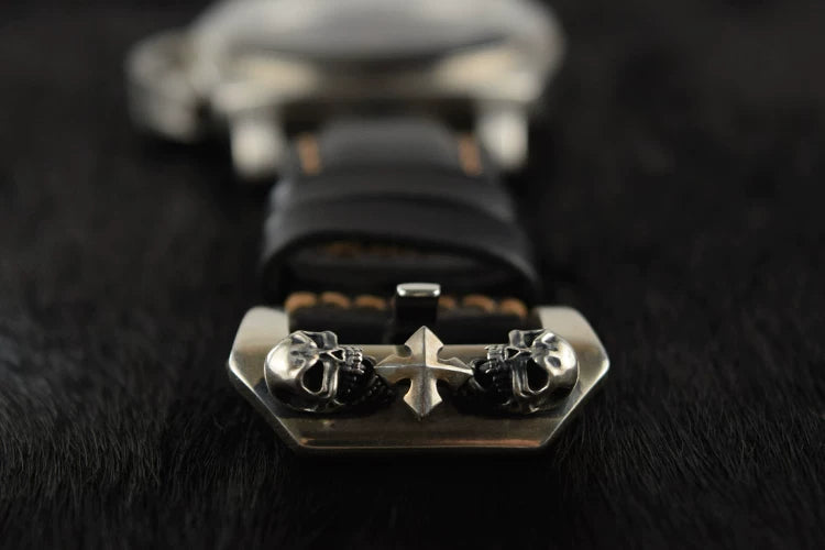 Handcrafted Oil Aniline Dyed Black Shell Cordovan Leather Watch Strap with Solid 925 Sterling Silver Skull Buckle