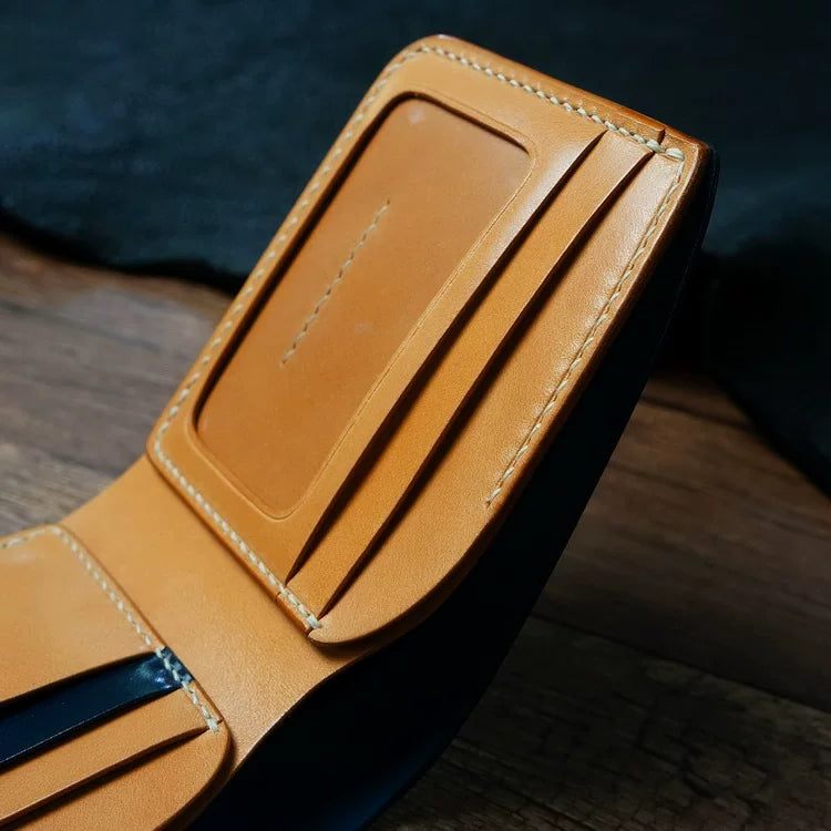 Handcrafted Navy Blue Shell Cordovan Leather Wallet with Italian Gattuso Oily Calfskin Lining