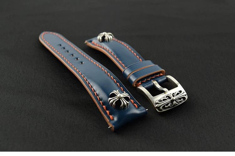 Handcrafted Vegetable-dyed Navy Blue Shell Cordovan Leather Watch Strap with Solid 925 Sterling Silver Hardware