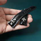 Handcrafted Oil Aniline Dyed Black Shell Cordovan Leather Watch Strap with Solid 925 Sterling Silver Buckle and Cross Rivets
