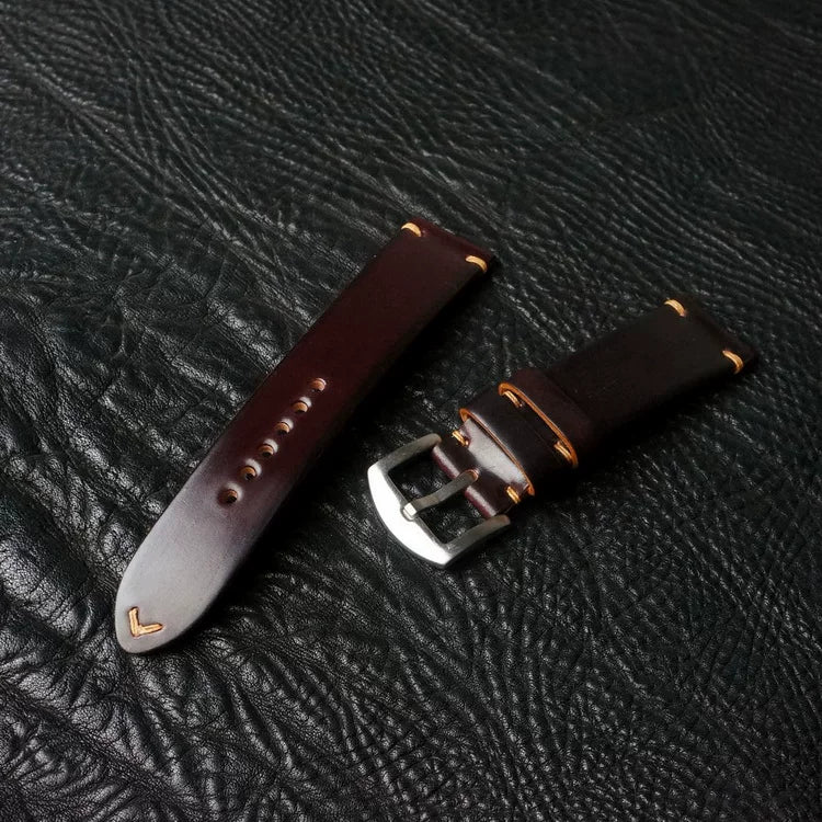Handcrafted Burgundy Horween Shell Cordovan Watch Strap with Vintage Rope Stitching