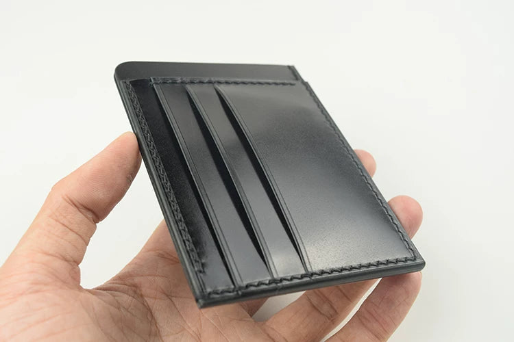 Handcrafted Oil Aniline Dyed Black Shell Cordovan Leather Cardholder