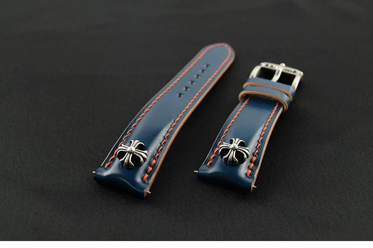 Handcrafted Vegetable-dyed Navy Blue Shell Cordovan Leather Watch Strap with Solid 925 Sterling Silver Hardware