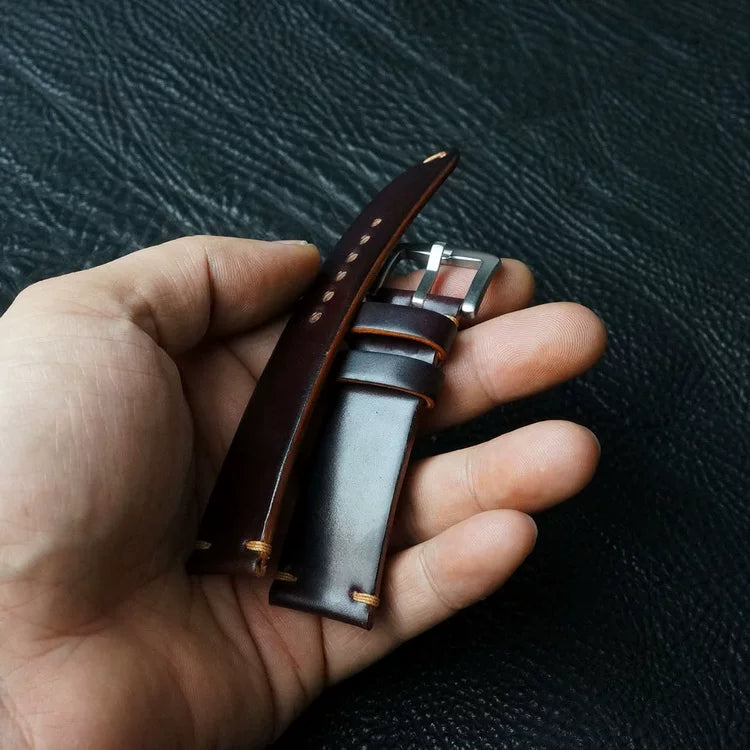 Handcrafted Burgundy Horween Shell Cordovan Watch Strap with Vintage Rope Stitching