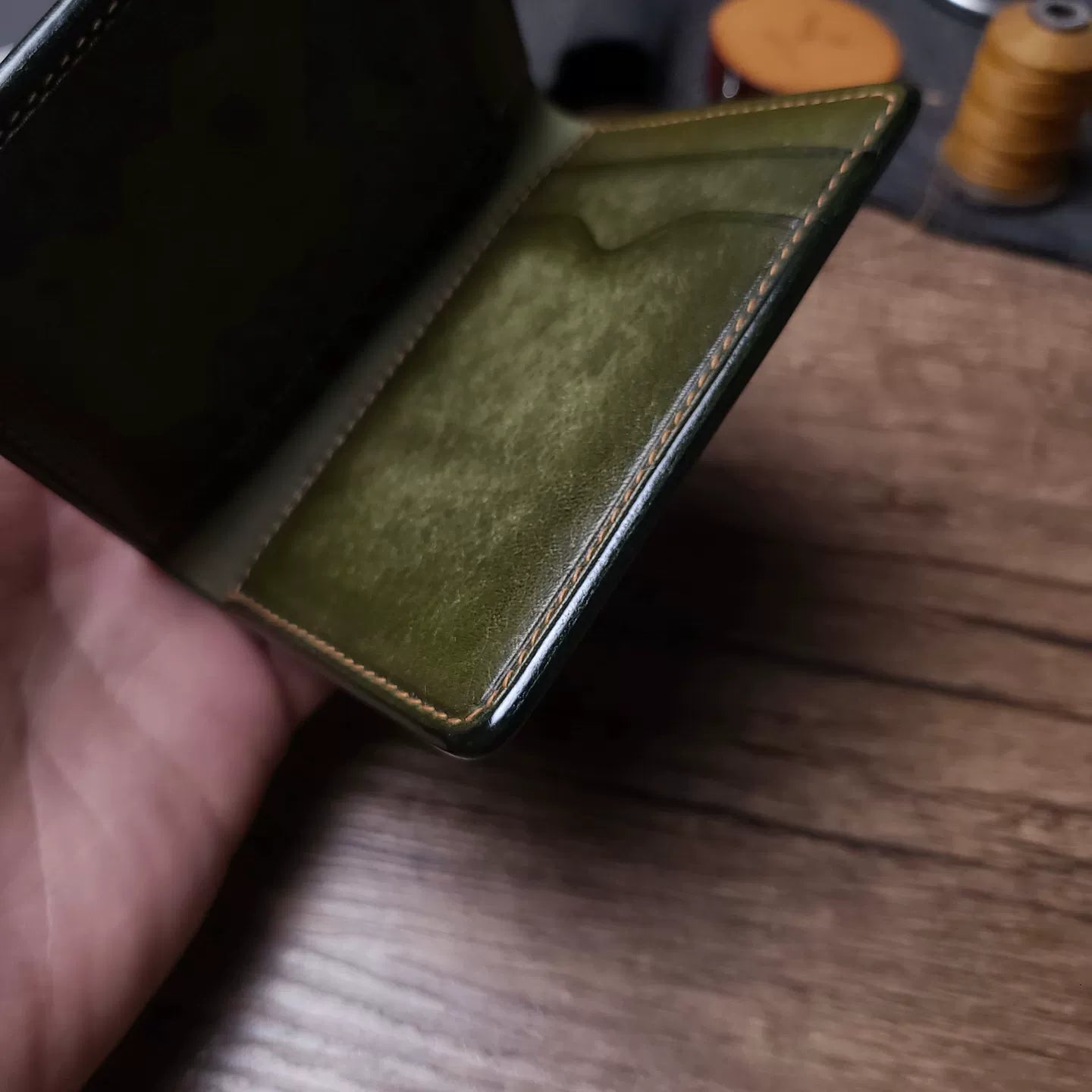 Handcrafted Olive Green Italian Pueblo Leather Card Holder