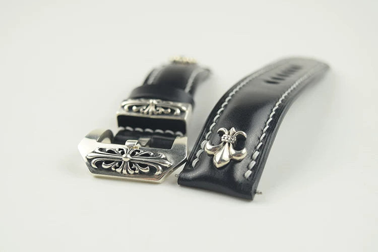 Handcrafted Oil Aniline Dyed Black Shell Cordovan Leather Watch Strap with Solid 925 Sterling Silver Hardware