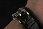 Handcrafted Oil Aniline Dyed Black Shell Cordovan Leather Watch Strap with Solid 925 Sterling Silver Skull Buckle
