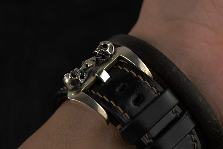Handcrafted Oil Aniline Dyed Black Shell Cordovan Leather Watch Strap with Solid 925 Sterling Silver Skull Buckle