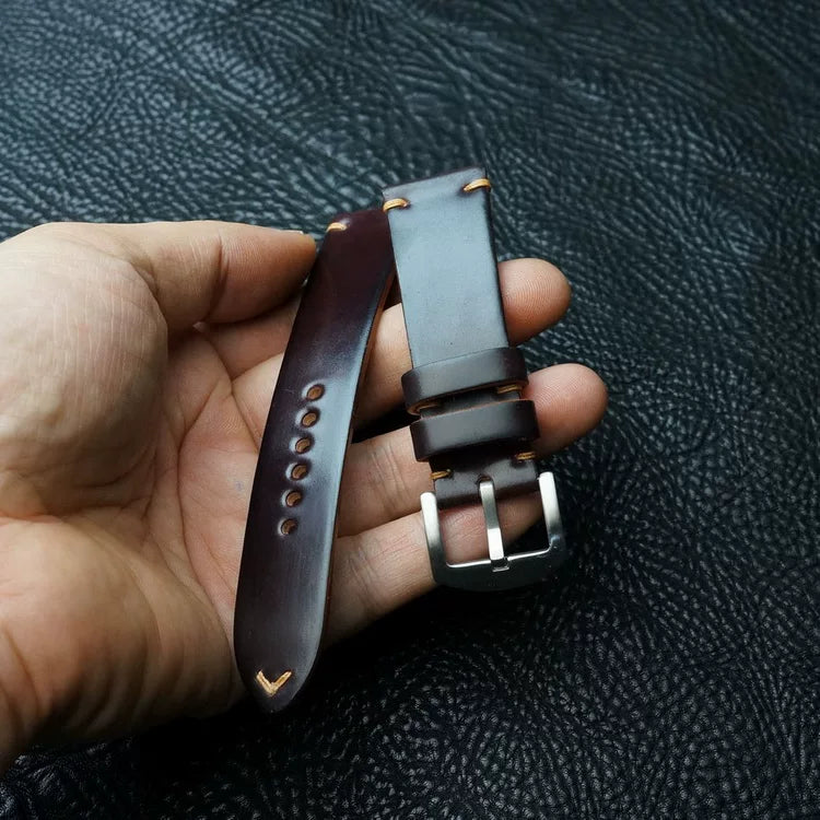 Handcrafted Burgundy Horween Shell Cordovan Watch Strap with Vintage Rope Stitching