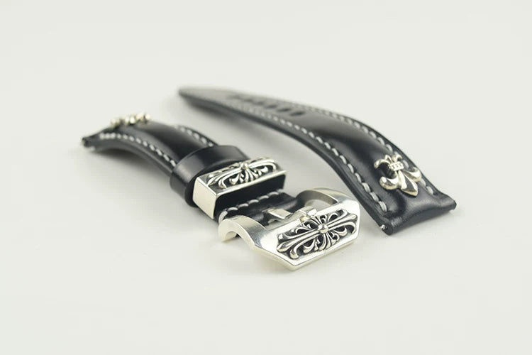 Handcrafted Oil Aniline Dyed Black Shell Cordovan Leather Watch Strap with Solid 925 Sterling Silver Hardware