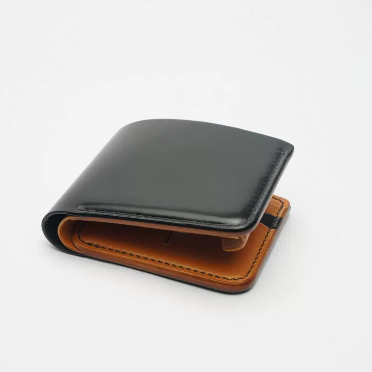 Handcrafted Agate Black Shell Cordovan Leather Wallet with Italian Gattuso Oily Calfskin Lining