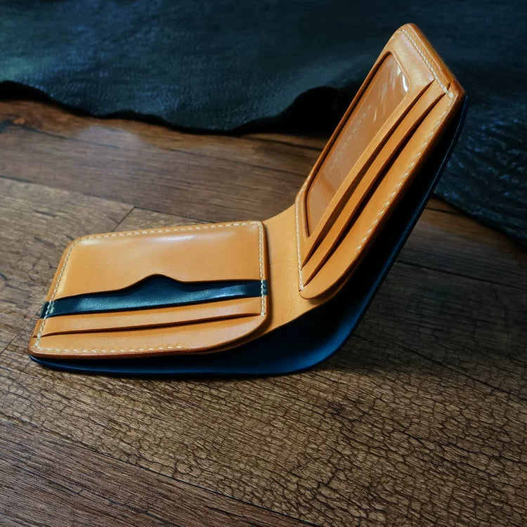Handcrafted Navy Blue Shell Cordovan Leather Wallet with Italian Gattuso Oily Calfskin Lining