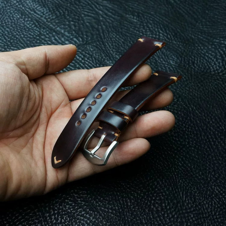 Handcrafted Burgundy Horween Shell Cordovan Watch Strap with Vintage Rope Stitching