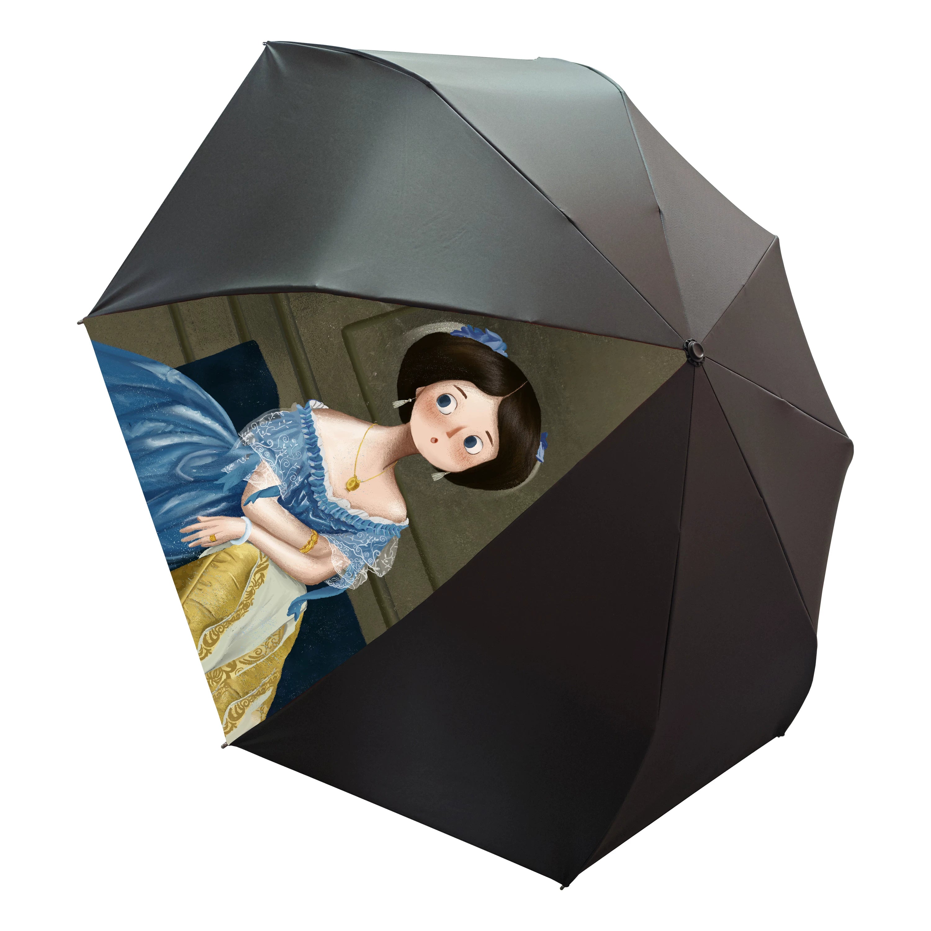 Double-Canopy Black Coating Folding Umbrella with Wooden Handle – Q-Version Famous Painting Portrait Design