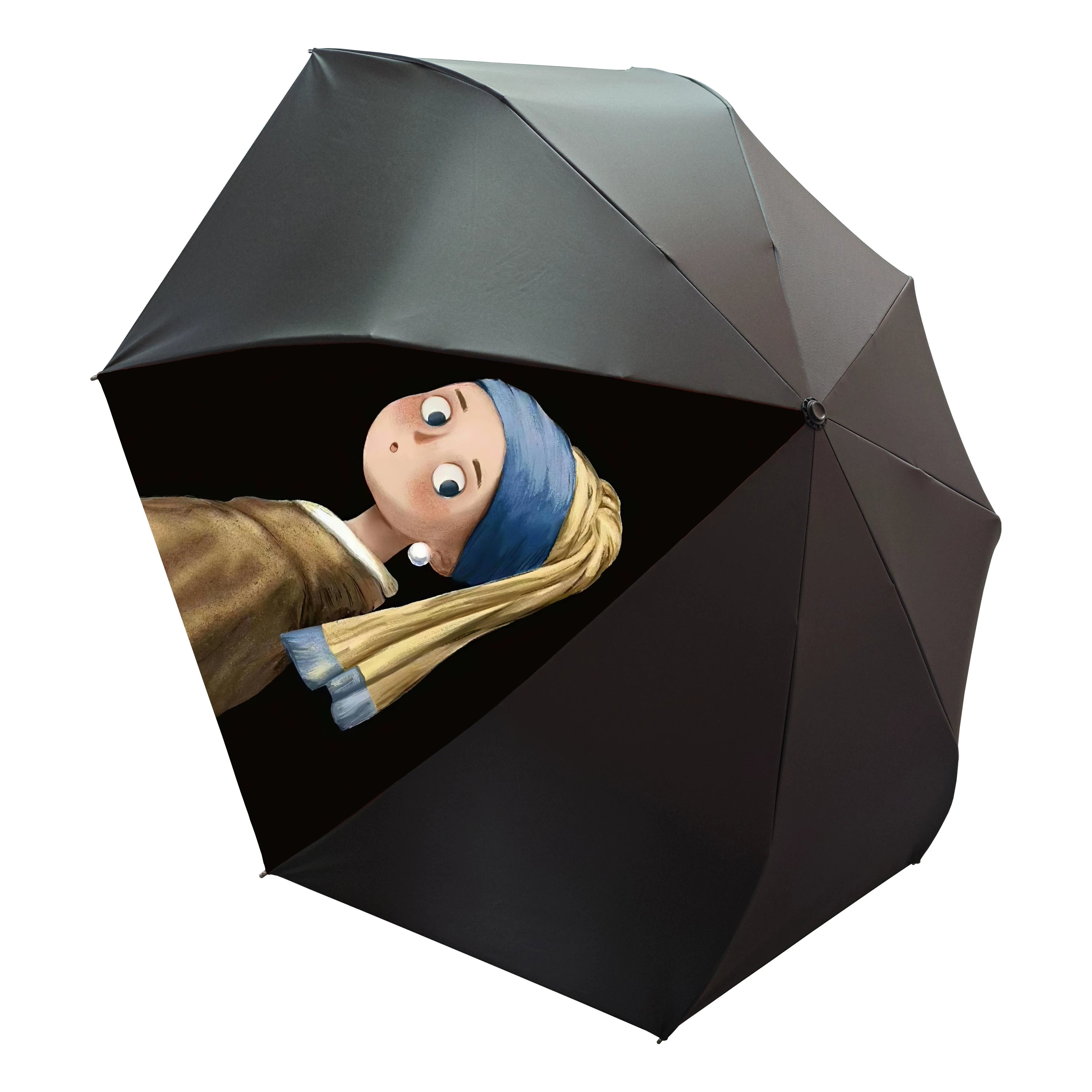 Double-Canopy Black Coating Folding Umbrella with Wooden Handle – Q-Version Famous Painting Portrait Design