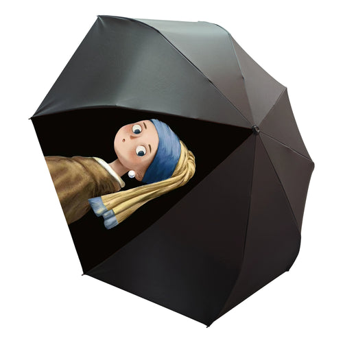 Double-Canopy Black Coating Folding Umbrella with Wooden Handle – Q-Version Famous Painting Portrait Design