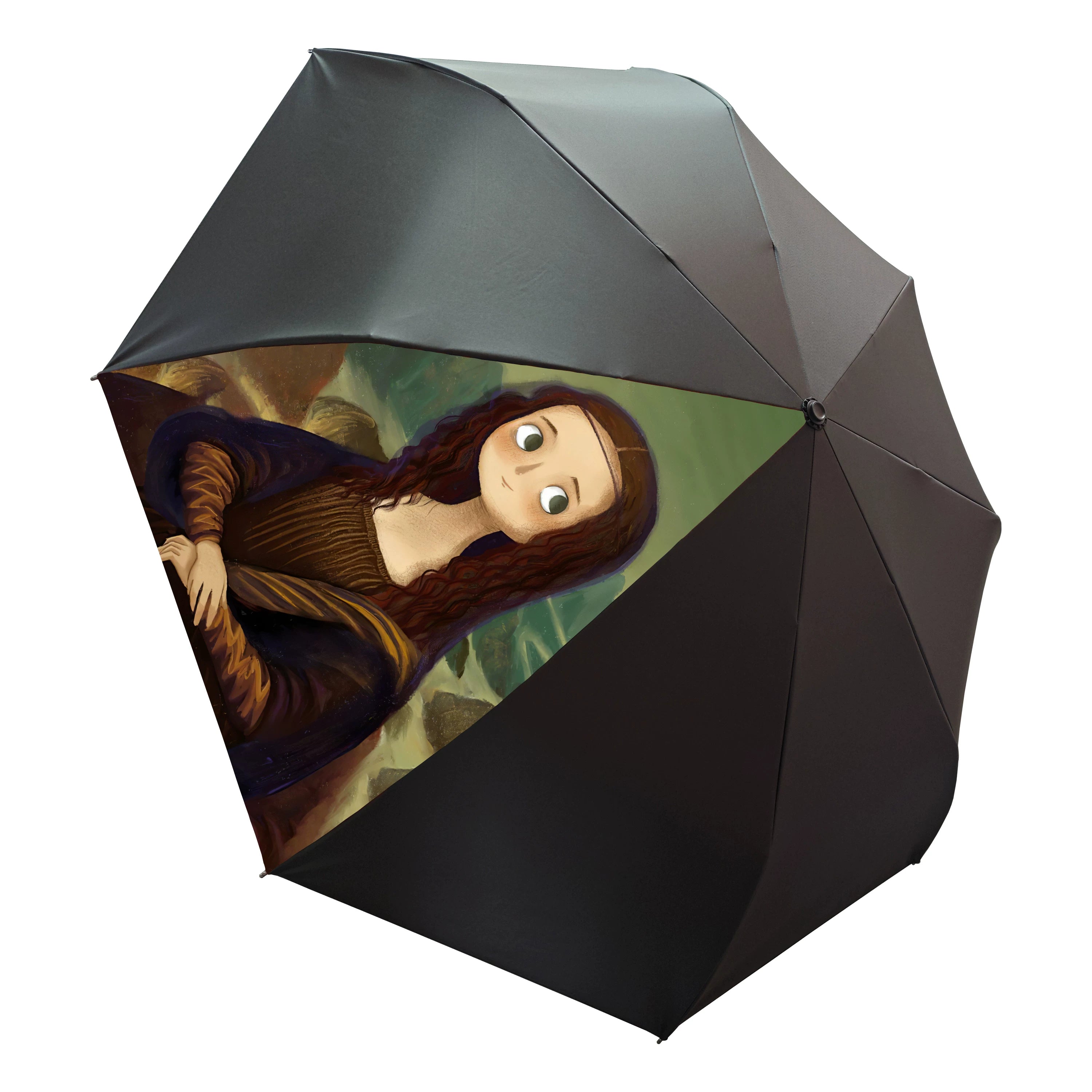 Double-Canopy Black Coating Folding Umbrella with Wooden Handle – Q-Version Famous Painting Portrait Design