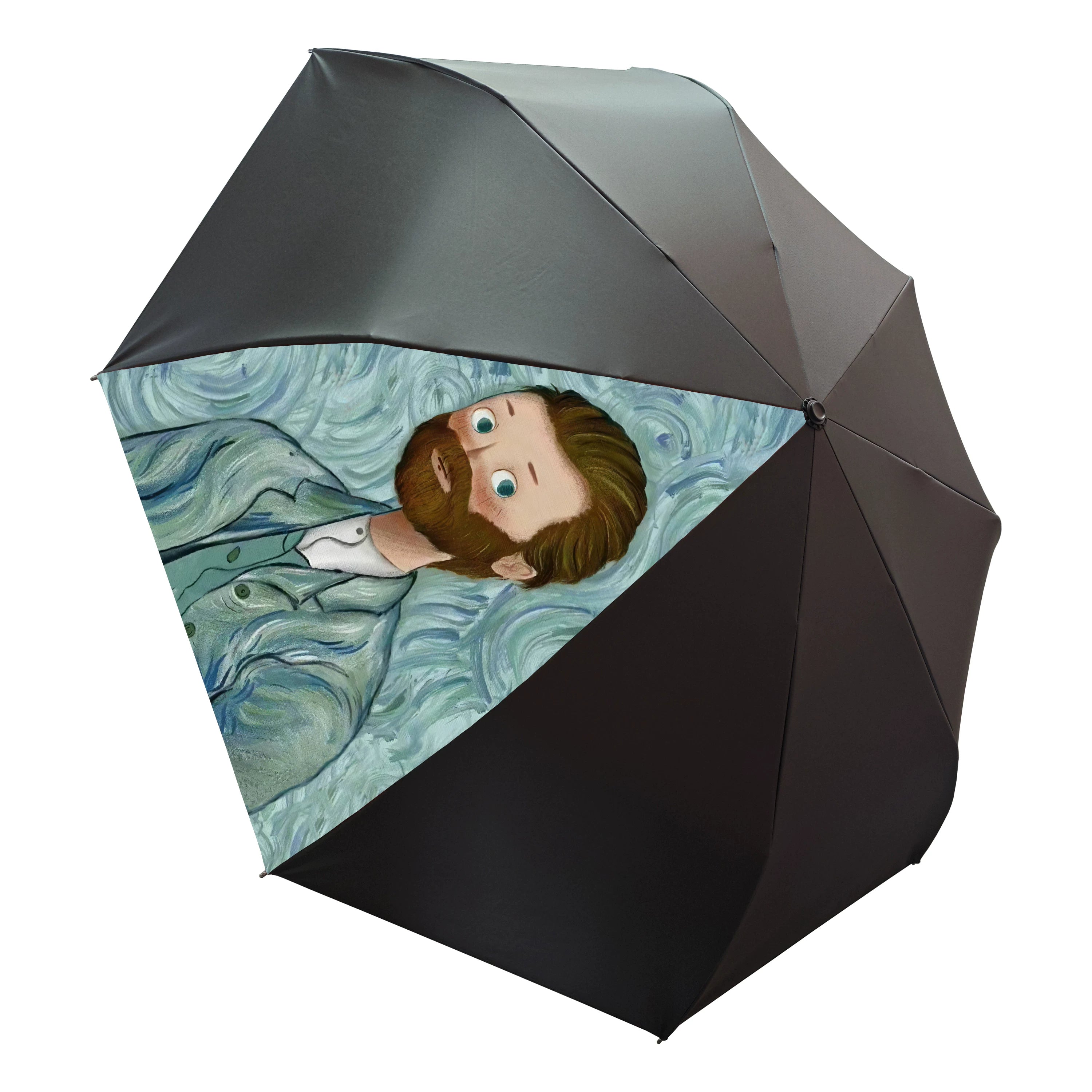Double-Canopy Black Coating Folding Umbrella with Wooden Handle – Q-Version Famous Painting Portrait Design