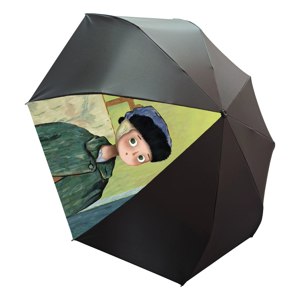 Double-Canopy Black Coating Folding Umbrella with Wooden Handle – Q-Version Famous Painting Portrait Design