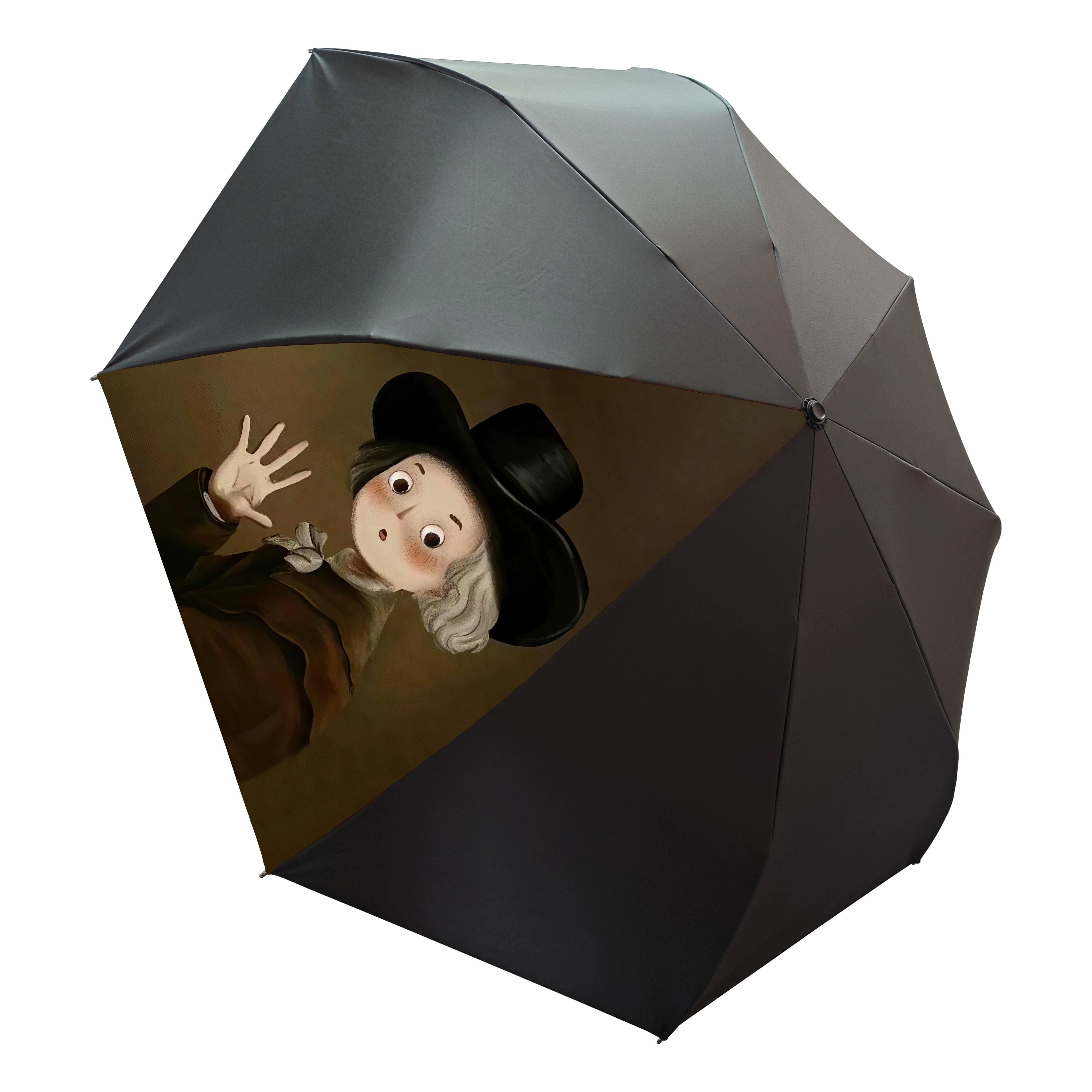 Double-Canopy Black Coating Folding Umbrella with Wooden Handle – Q-Version Famous Painting Portrait Design