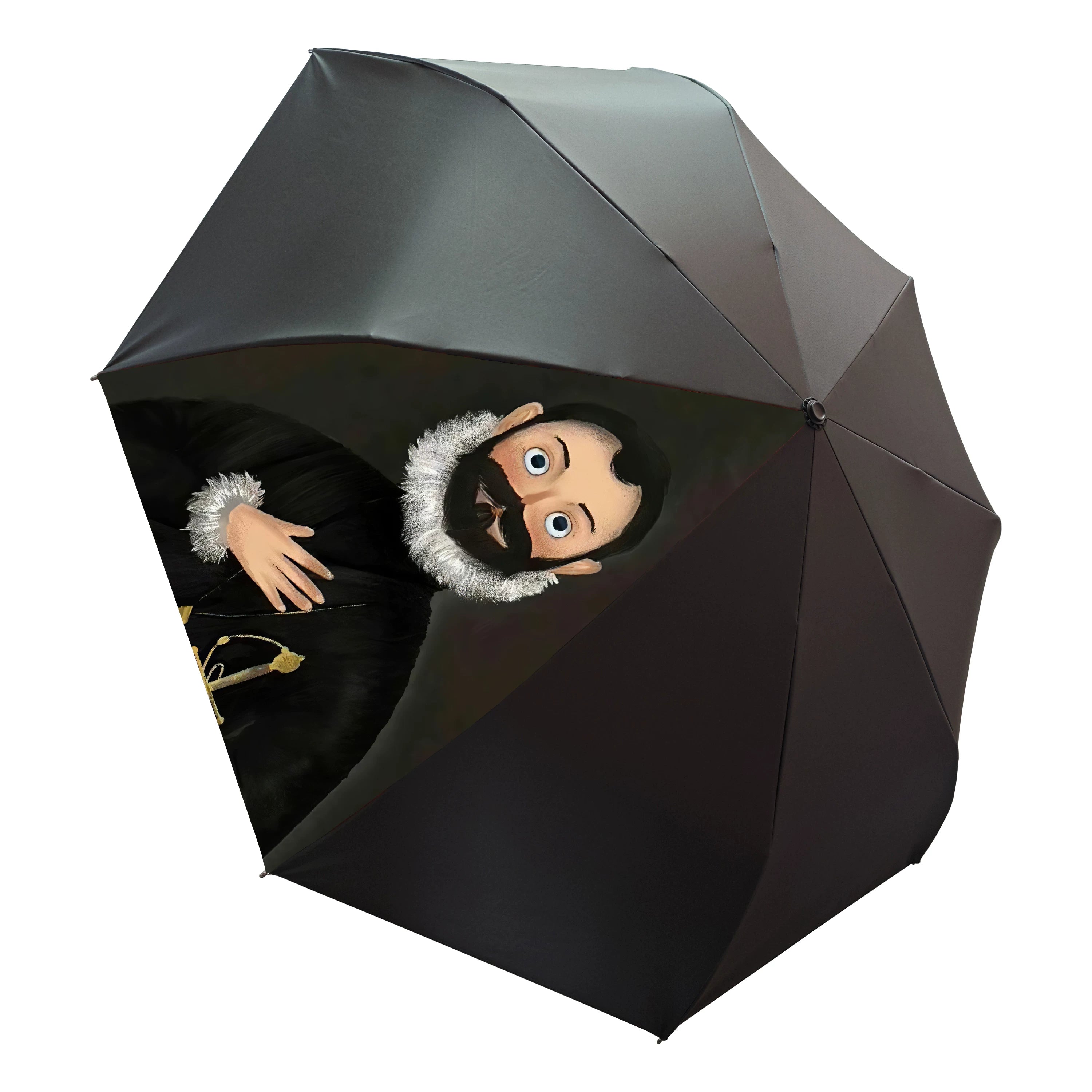 Double-Canopy Black Coating Folding Umbrella with Wooden Handle – Q-Version Famous Painting Portrait Design