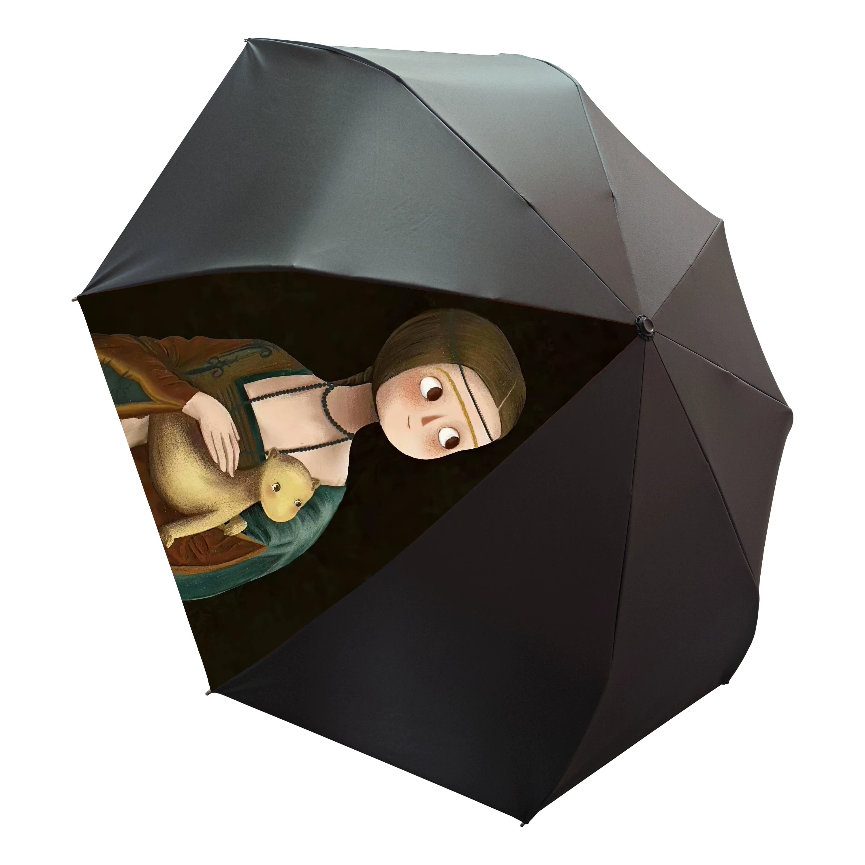 Double-Canopy Black Coating Folding Umbrella with Wooden Handle – Q-Version Famous Painting Portrait Design