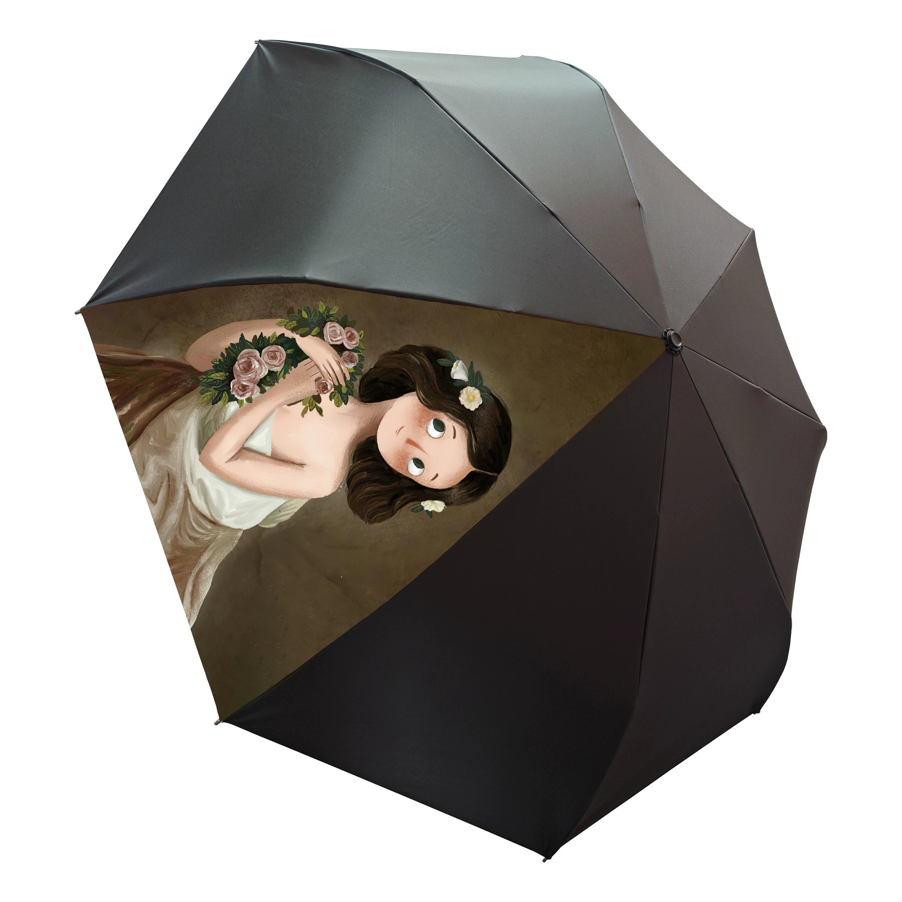 Double-Canopy Black Coating Folding Umbrella with Wooden Handle – Q-Version Famous Painting Portrait Design